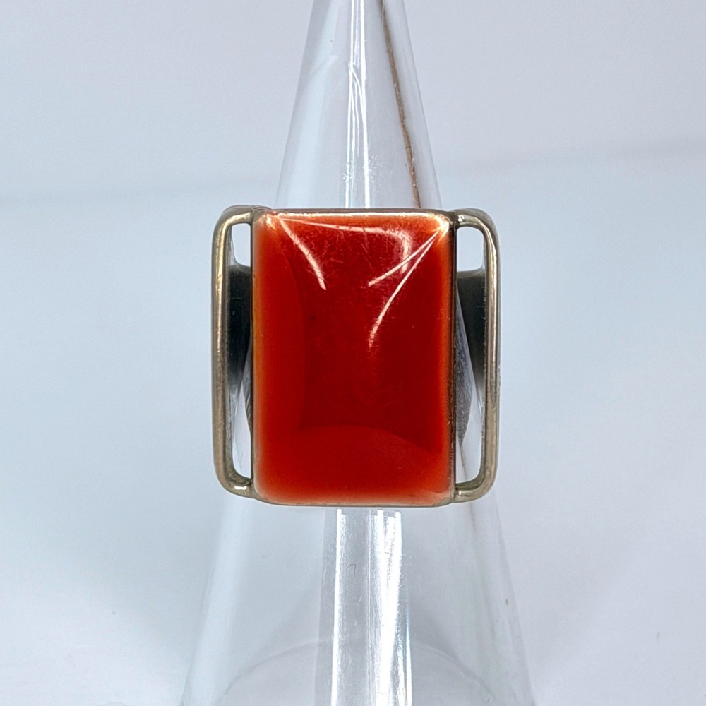 Vintage Modernist Red Enamel Open Frame Wide Band Ring Mid Century Studio Size 7